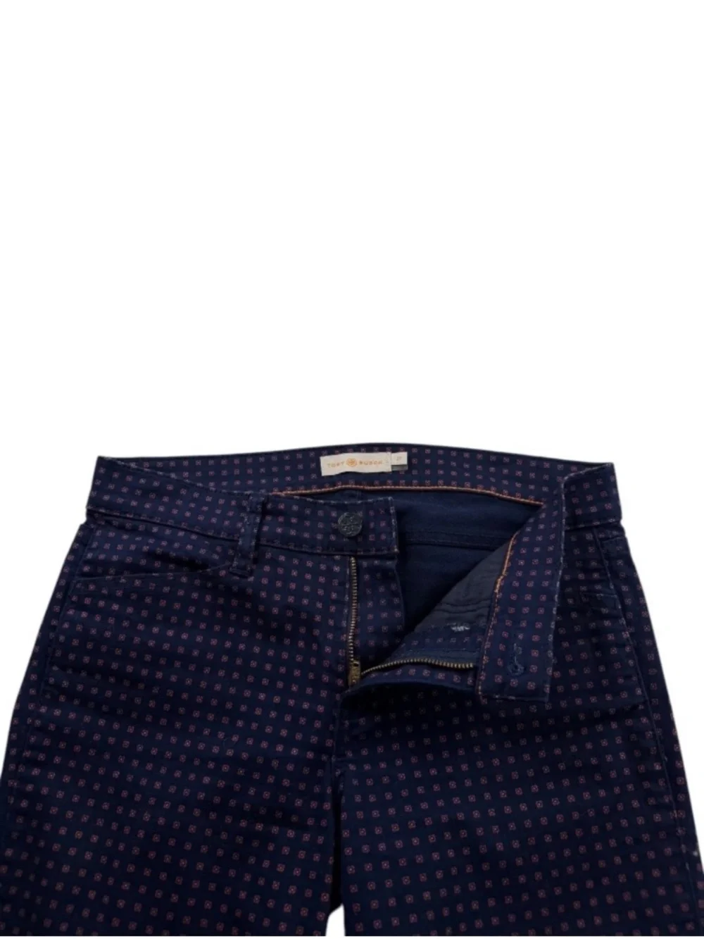 Tory Burch Navy Printed Skinny Ankle Pants Button Hem Women's Size 27